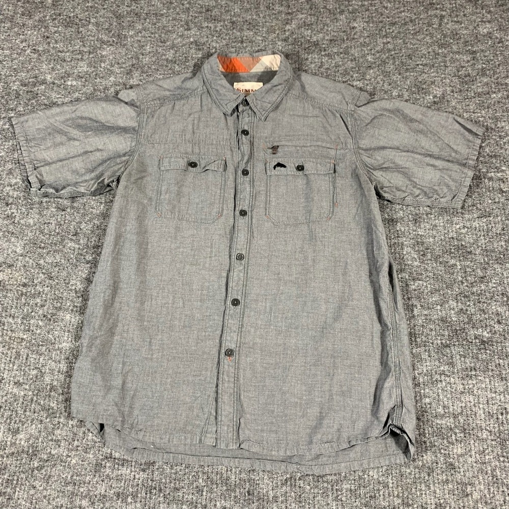 Simms Shirt Mens Large L Grey Short Sleeve Button Down Fishing Hiking Outdoors